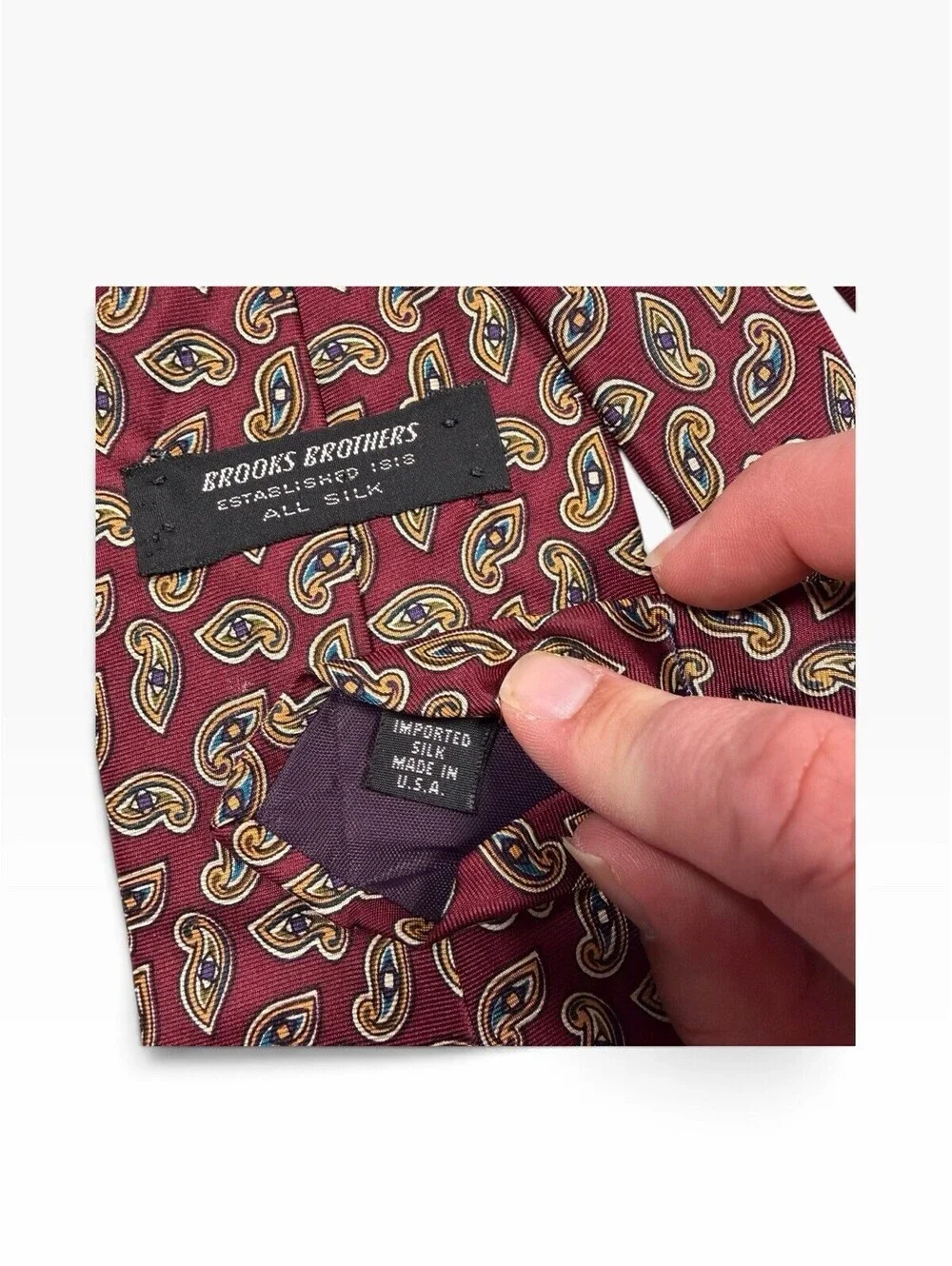 Brooks Brothers Men's Silk Neck Tie Burgundy Paisley Made in USA, 100% Silk